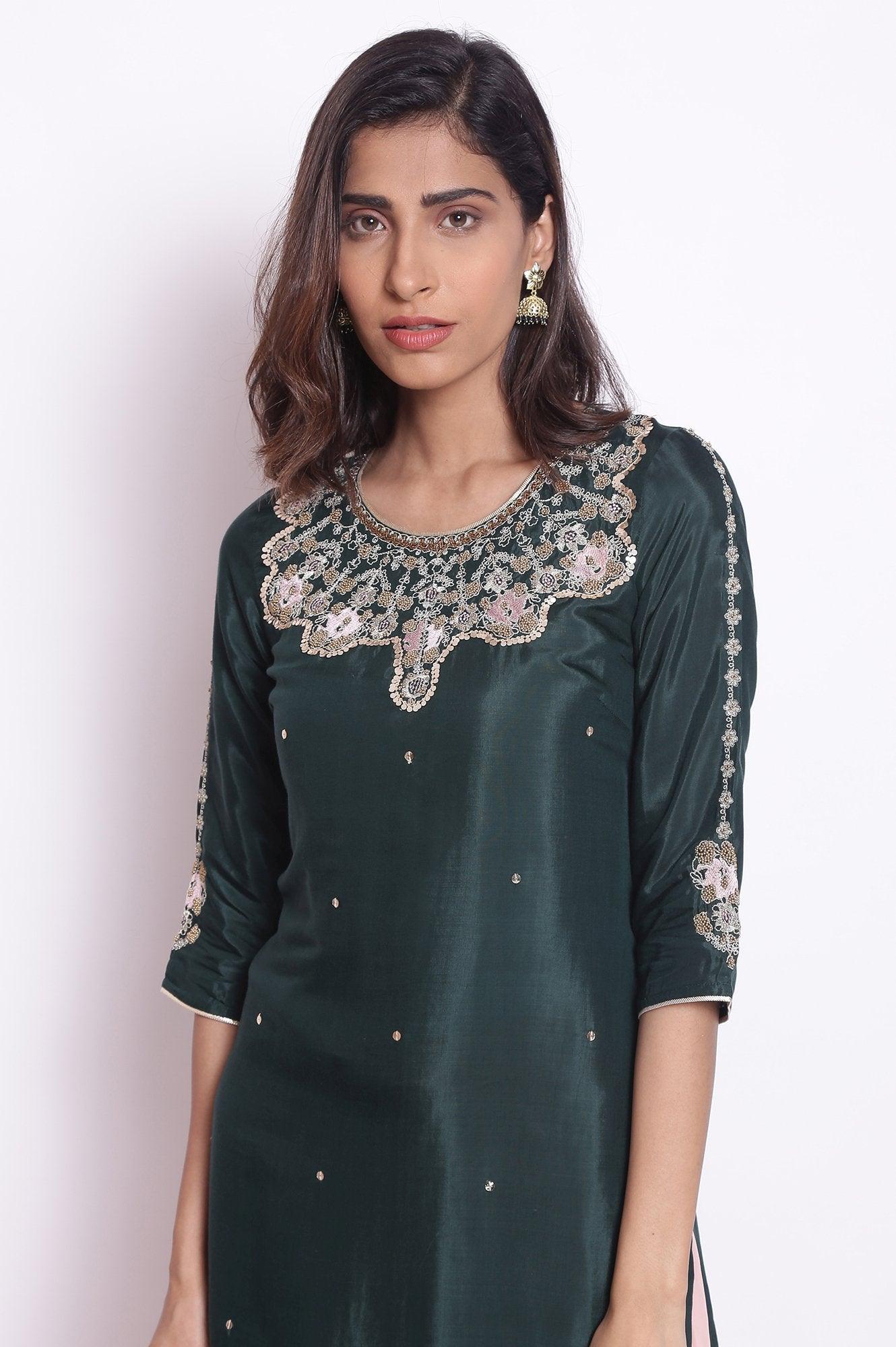 Dark Teal kurta with Embroidered Neck - wforwoman