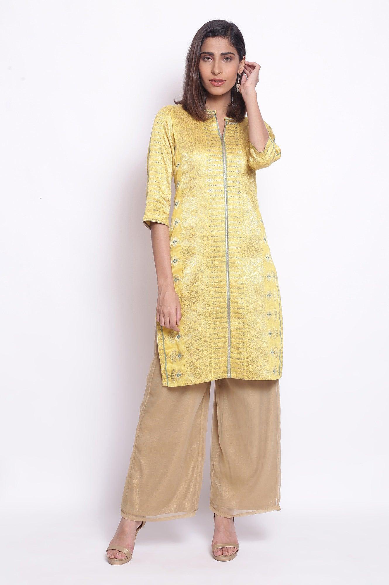 Yellow Floral Jacquard kurta - wforwoman