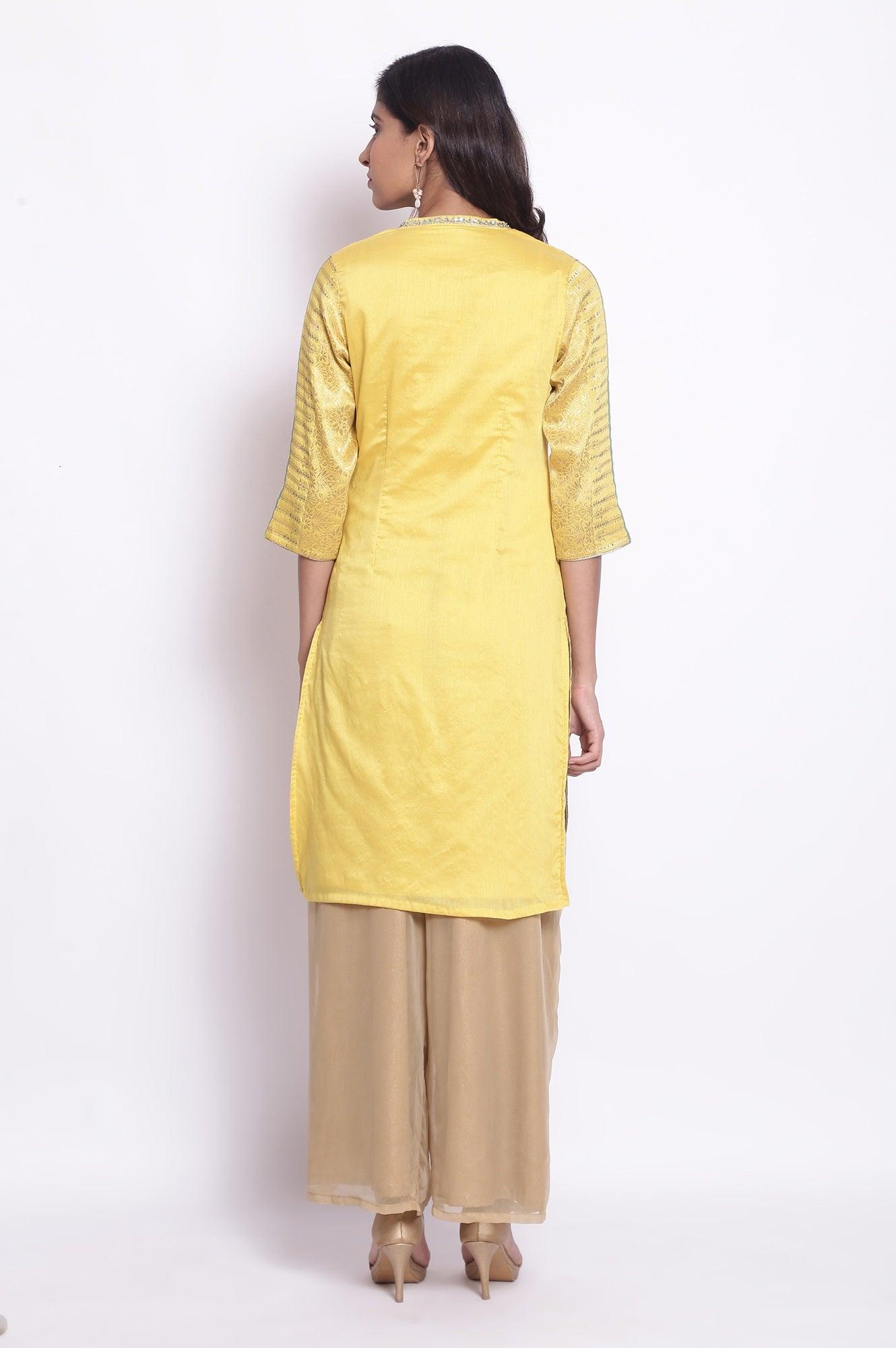 Yellow Floral Jacquard kurta - wforwoman