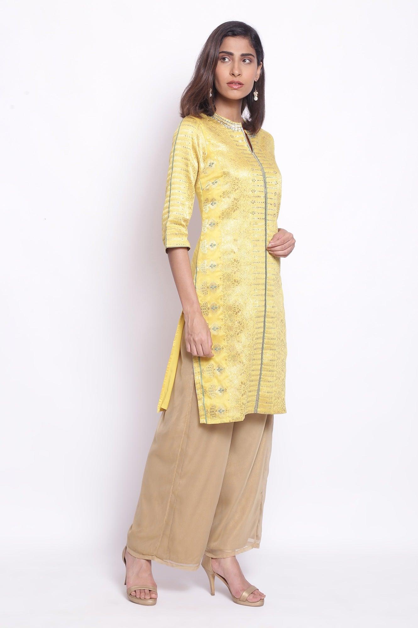 Yellow Floral Jacquard kurta - wforwoman
