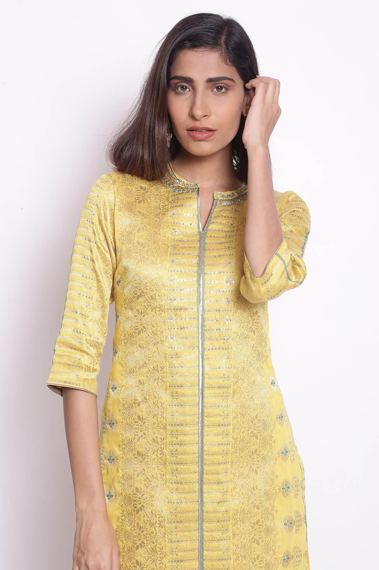 Yellow Floral Jacquard kurta - wforwoman