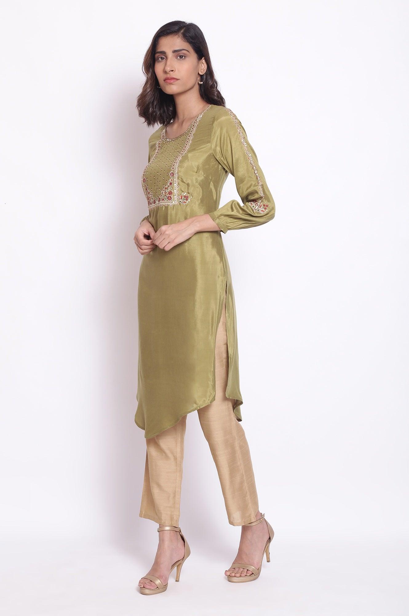 Olive Green Embroidered kurta - wforwoman