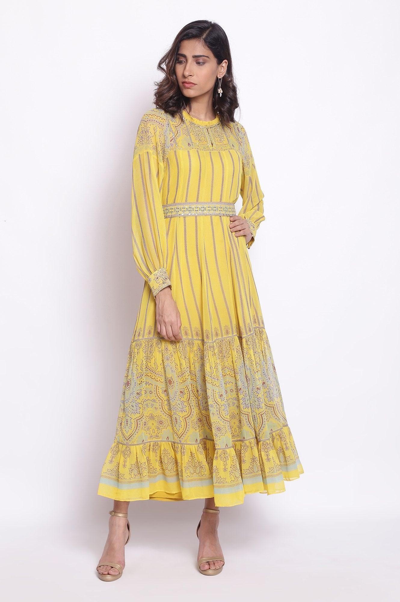 Yellow Maxi Dress With Embroidered Belt - wforwoman