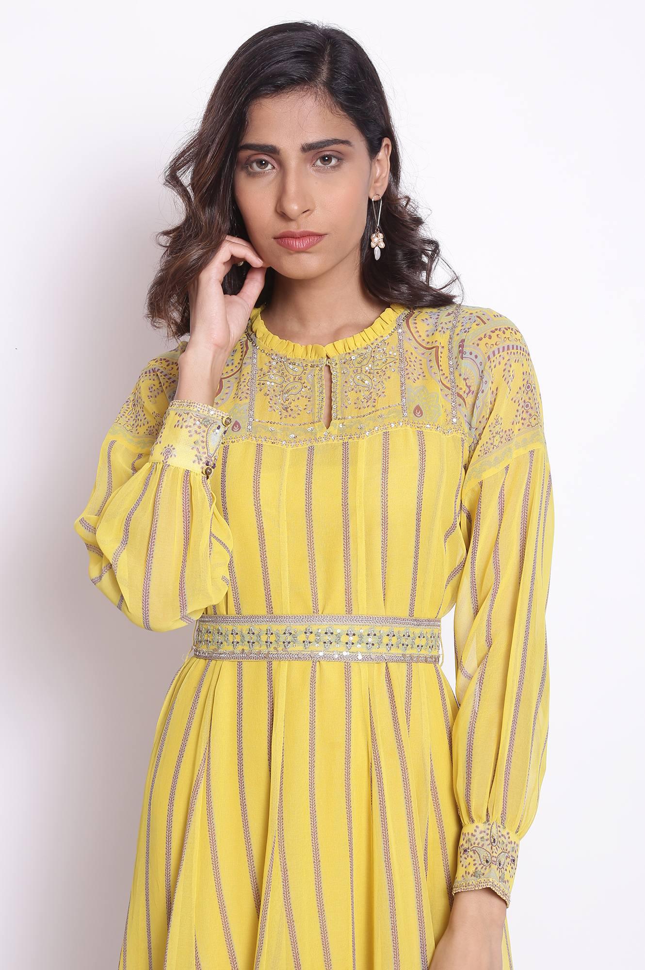 Yellow Maxi Dress With Embroidered Belt - wforwoman