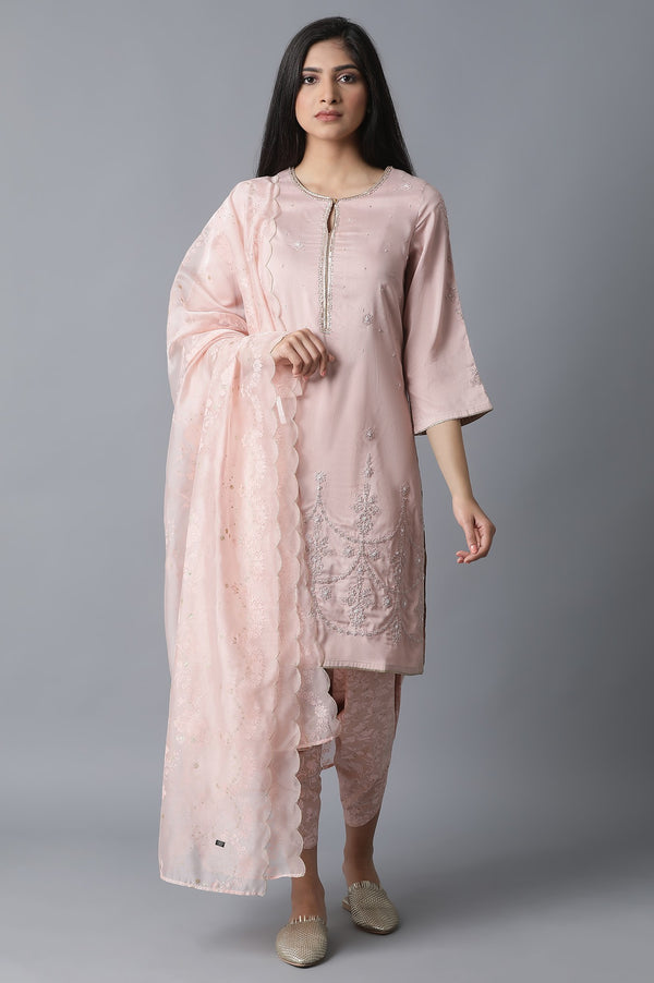 Peach Embroidered Cotton A-line Kurta and Dhoti Pants Set