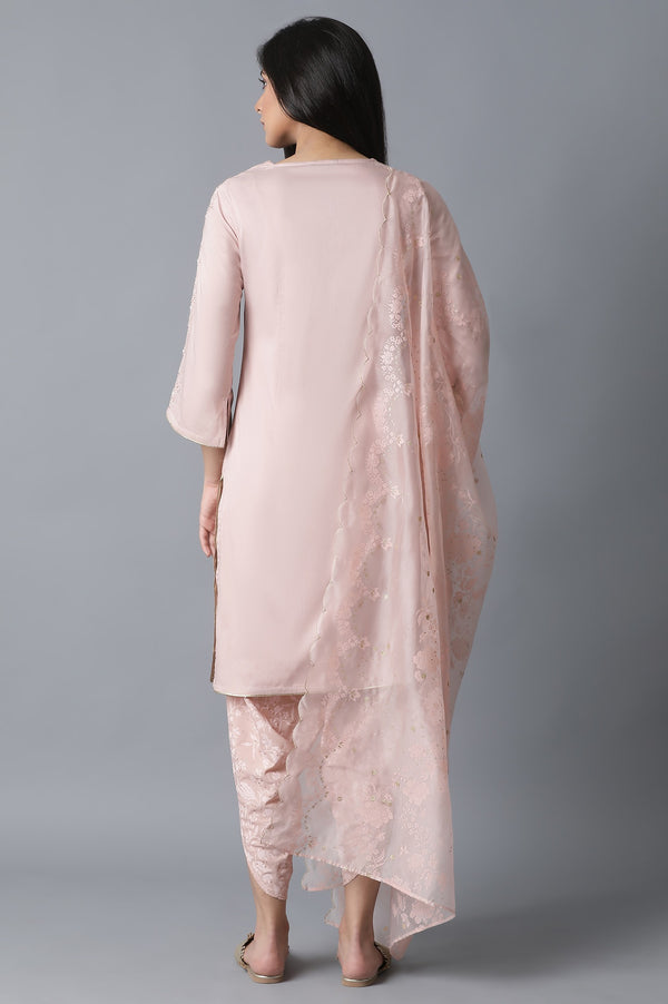 Peach Embroidered Cotton A-line Kurta and Dhoti Pants Set