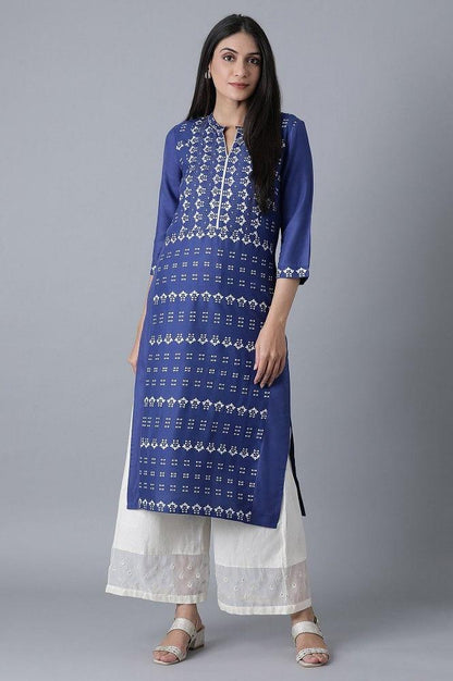 Blue Glitter Printed Straight kurta - wforwoman