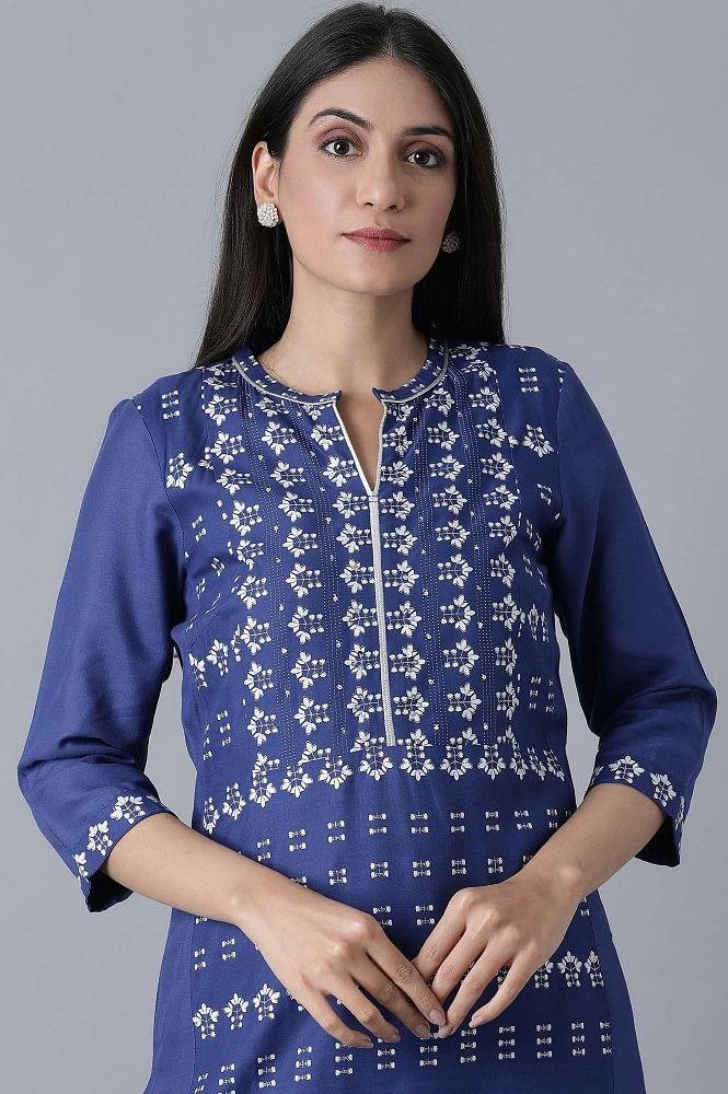 Blue Glitter Printed Straight kurta - wforwoman