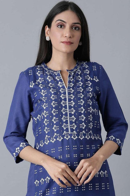 Blue Glitter Printed Straight kurta - wforwoman