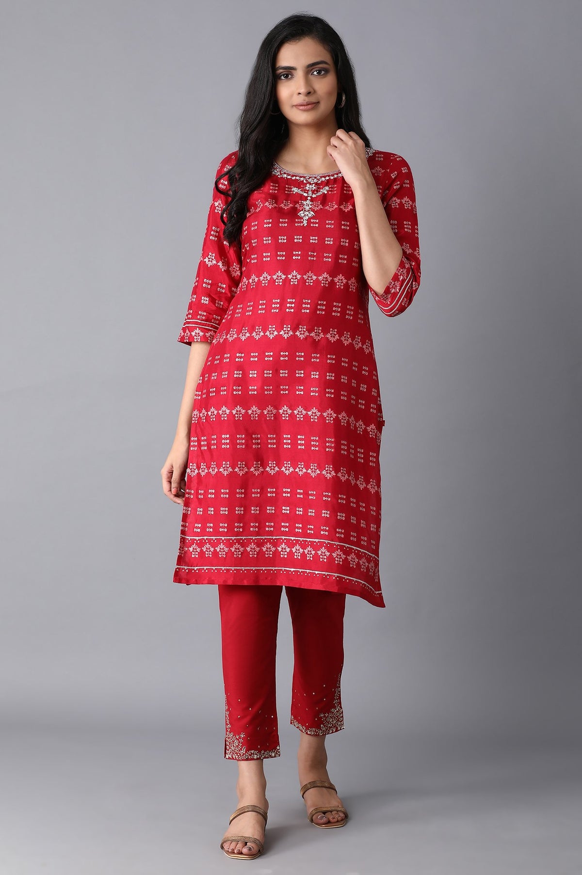 Red Printed Straight kurta - XS