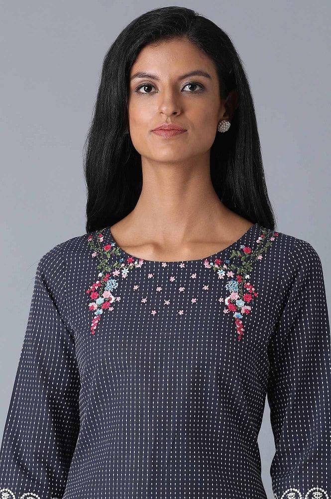 Blue Embroidered Yard Dyed kurta - wforwoman