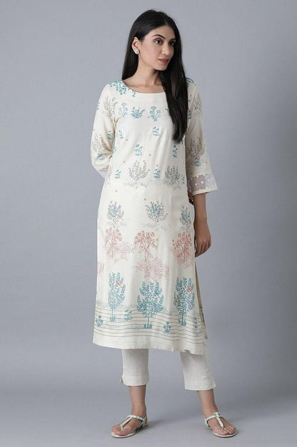 Ecru Placement Print kurta - wforwoman