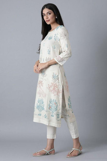 Ecru Placement Print kurta - wforwoman