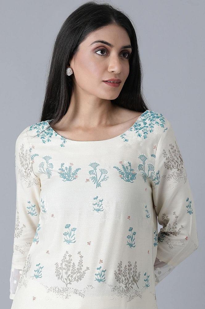 Ecru Placement Print kurta - wforwoman