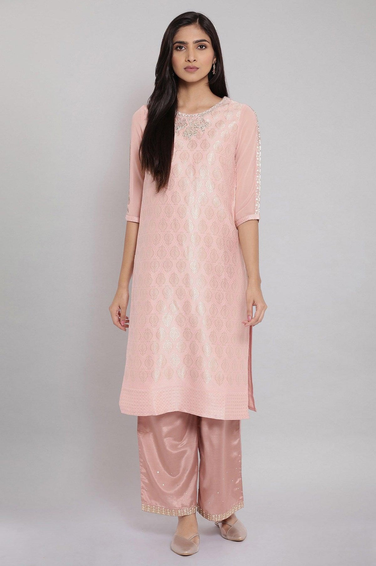 Pink Jacqurd Embroidered kurta - XS