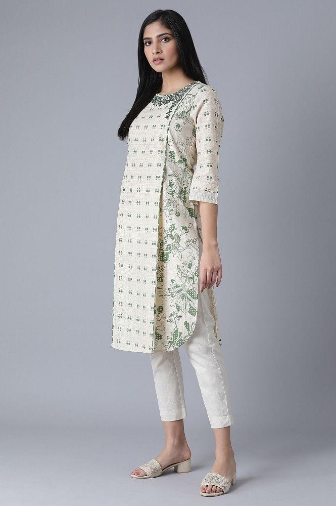 Ecru Embroidered Printed kurta - wforwoman