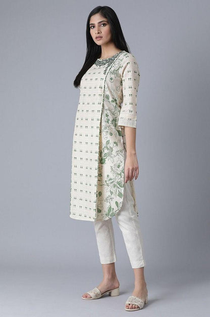Ecru Embroidered Printed kurta - wforwoman