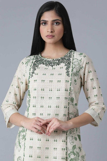Ecru Embroidered Printed kurta - wforwoman