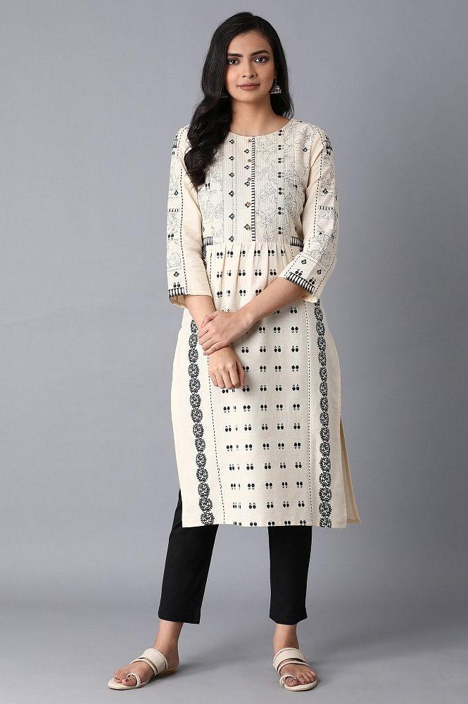 Ecru Printed Gathered kurta - XS