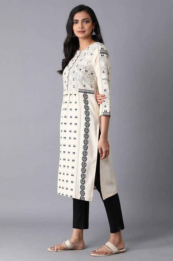 Ecru Printed Gathered kurta - wforwoman