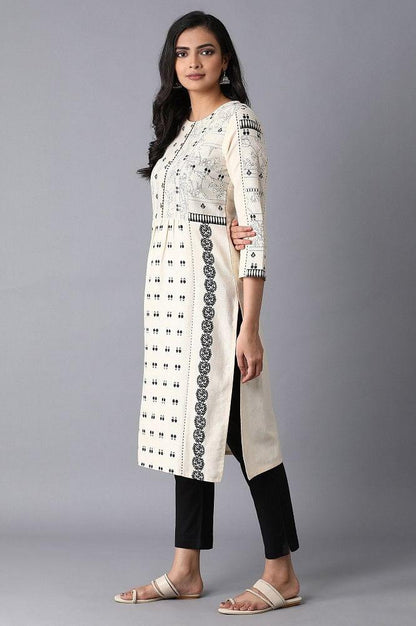 Ecru Printed Gathered kurta - wforwoman