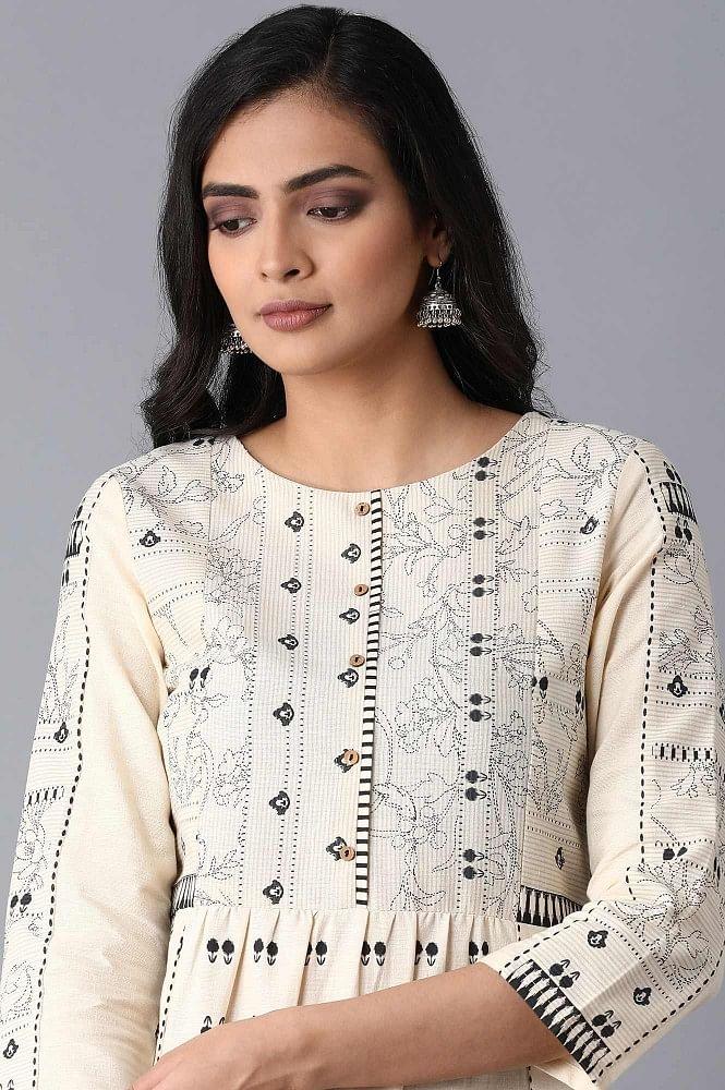 Ecru Printed Gathered kurta - wforwoman