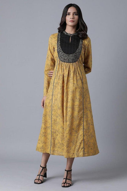 Yellow Embroidered and Printed Dress - wforwoman