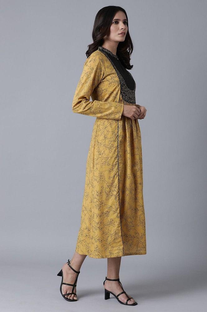 Yellow Embroidered and Printed Dress - wforwoman