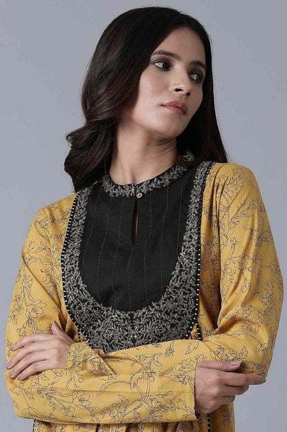 Yellow Embroidered and Printed Dress - wforwoman