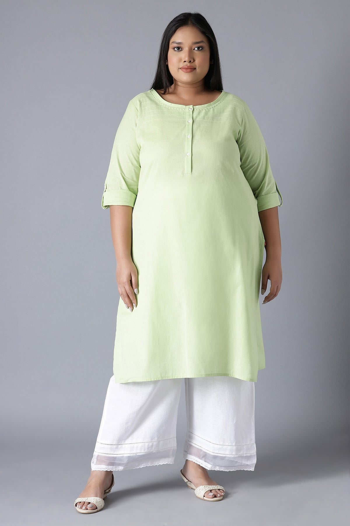 Green Round Neck Solid kurta - XS