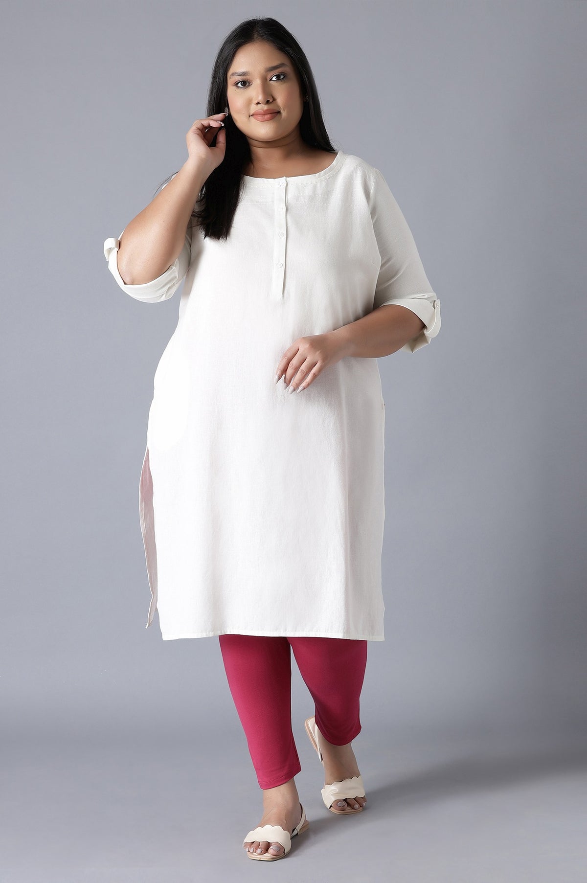 Ecru Round Neck Solid kurta - XS
