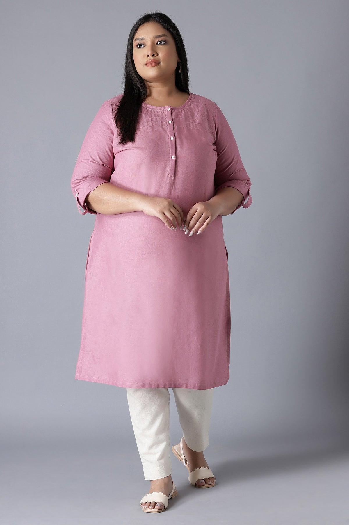 Mauve Round Neck Solid kurta - XS