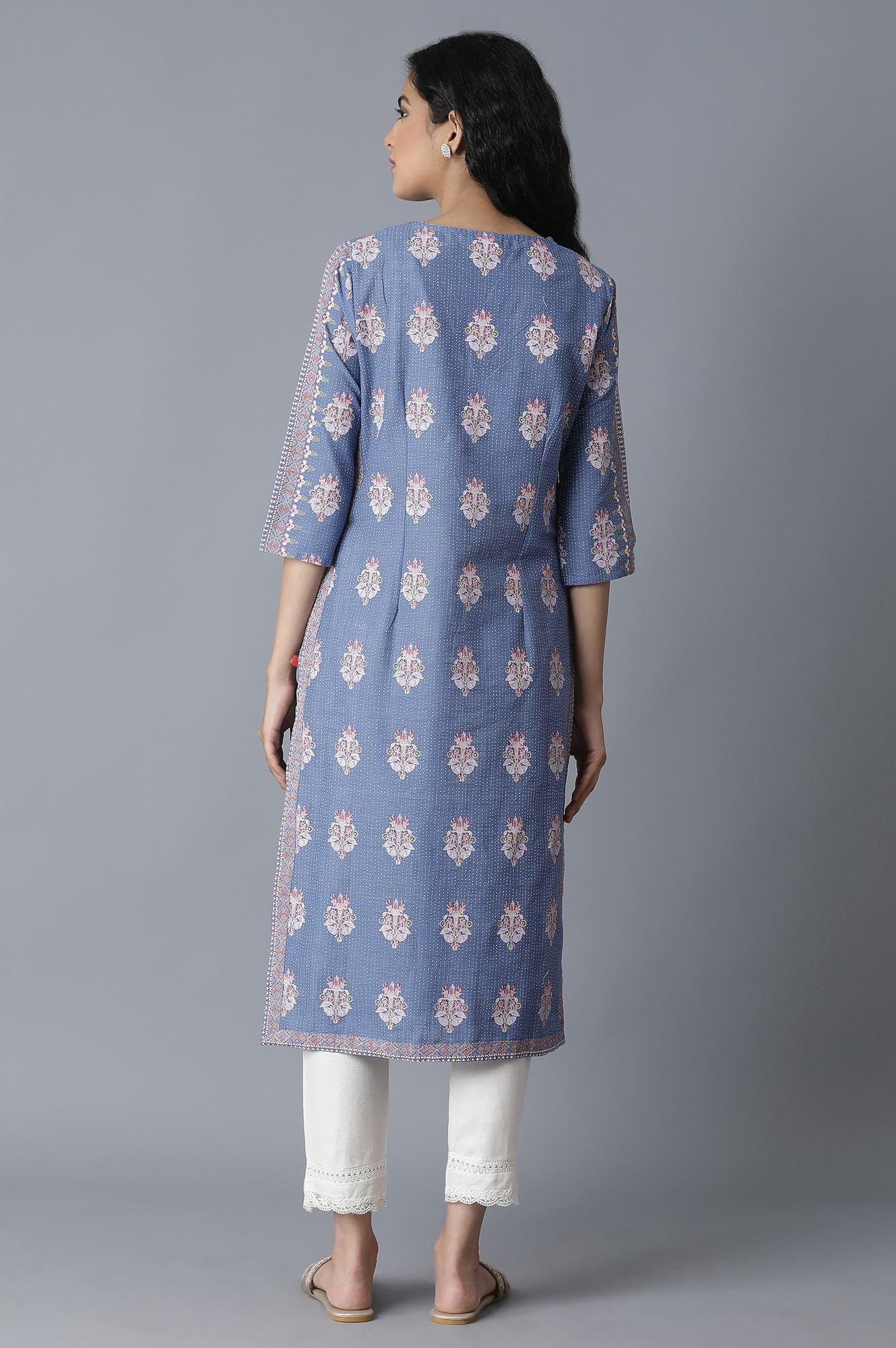 Colony Blue Floral Printed Straight kurta - wforwoman