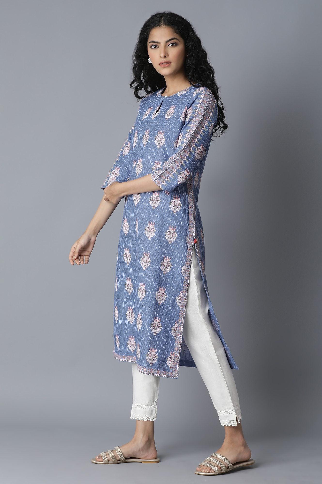 Colony Blue Floral Printed Straight kurta - wforwoman