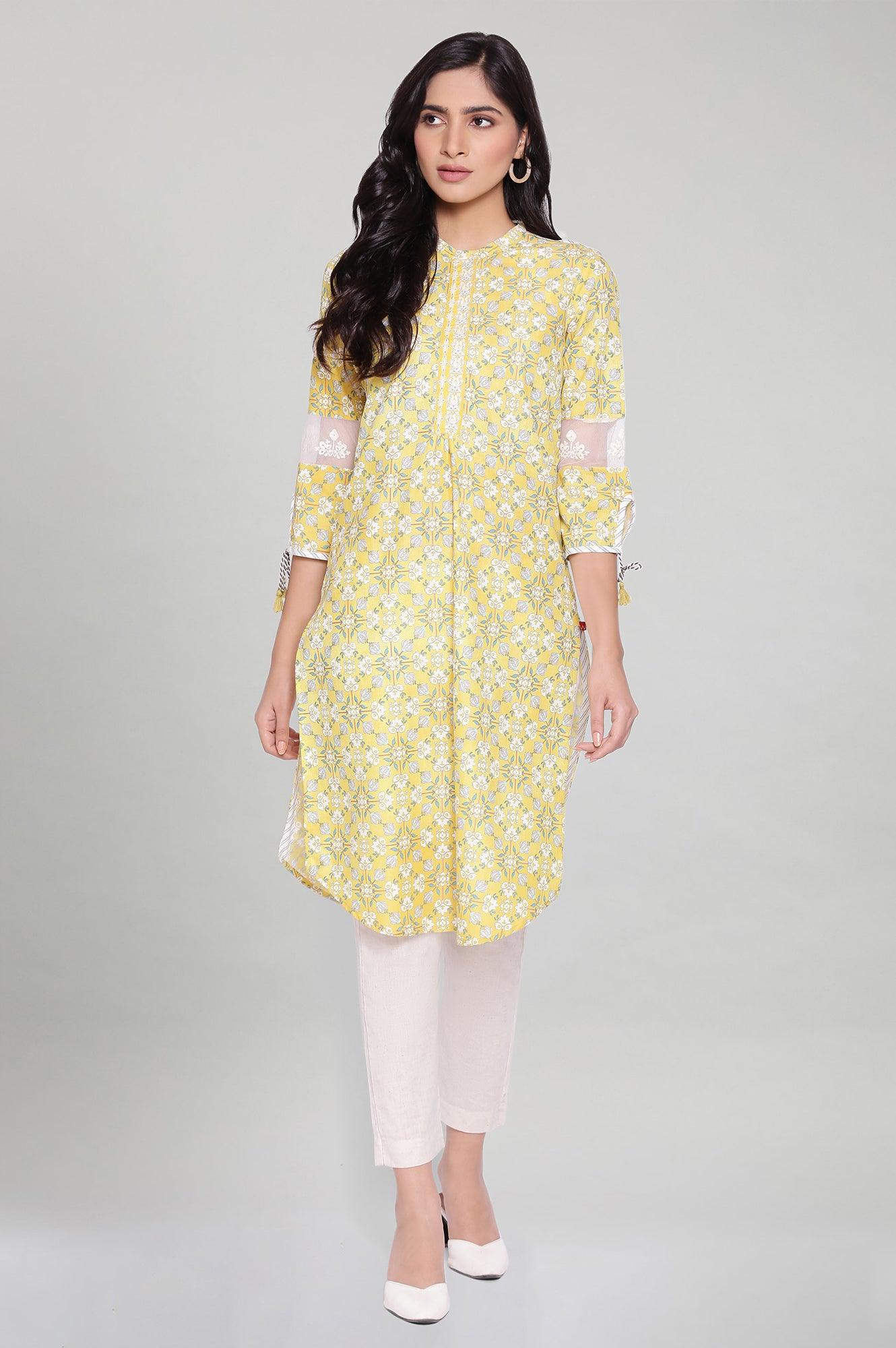 Misted Yellow kurta with Embroidery - wforwoman