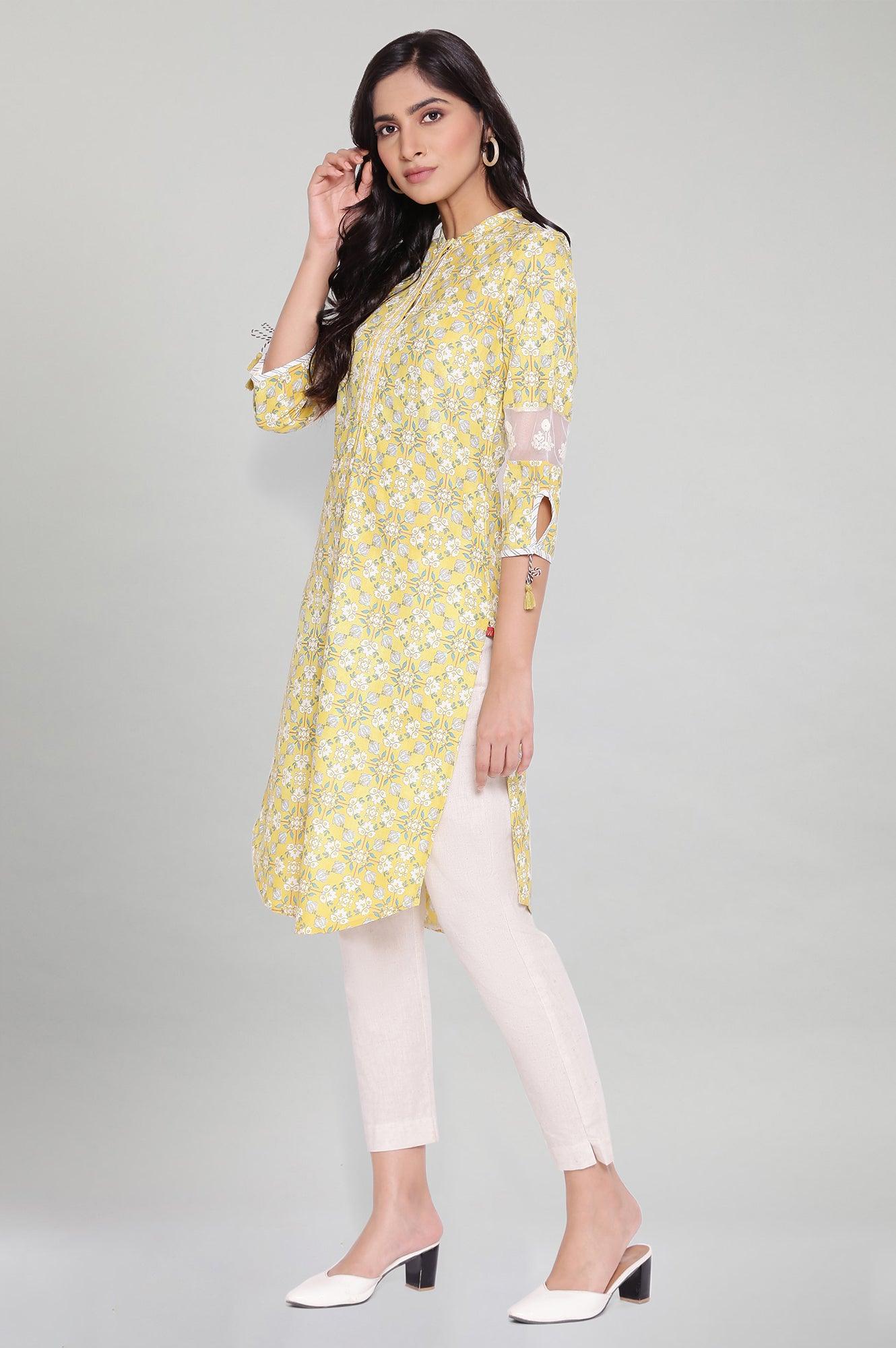 Misted Yellow kurta with Embroidery - wforwoman