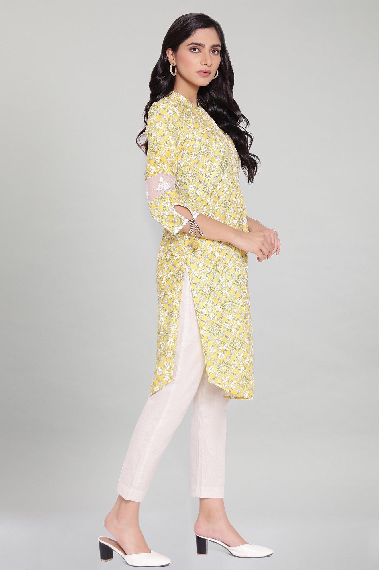 Misted Yellow kurta with Embroidery - wforwoman