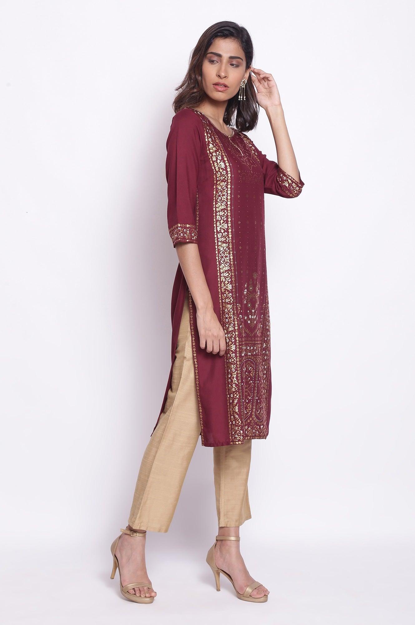 Purple Straight Foil Print kurta - wforwoman