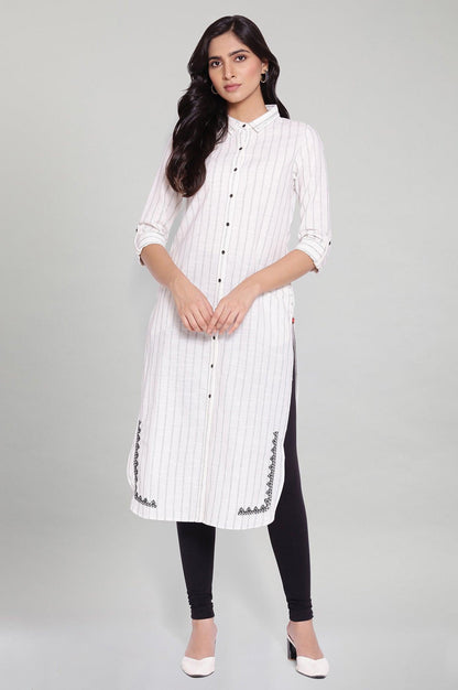 Ecru Striped Shirt Collar kurta - wforwoman