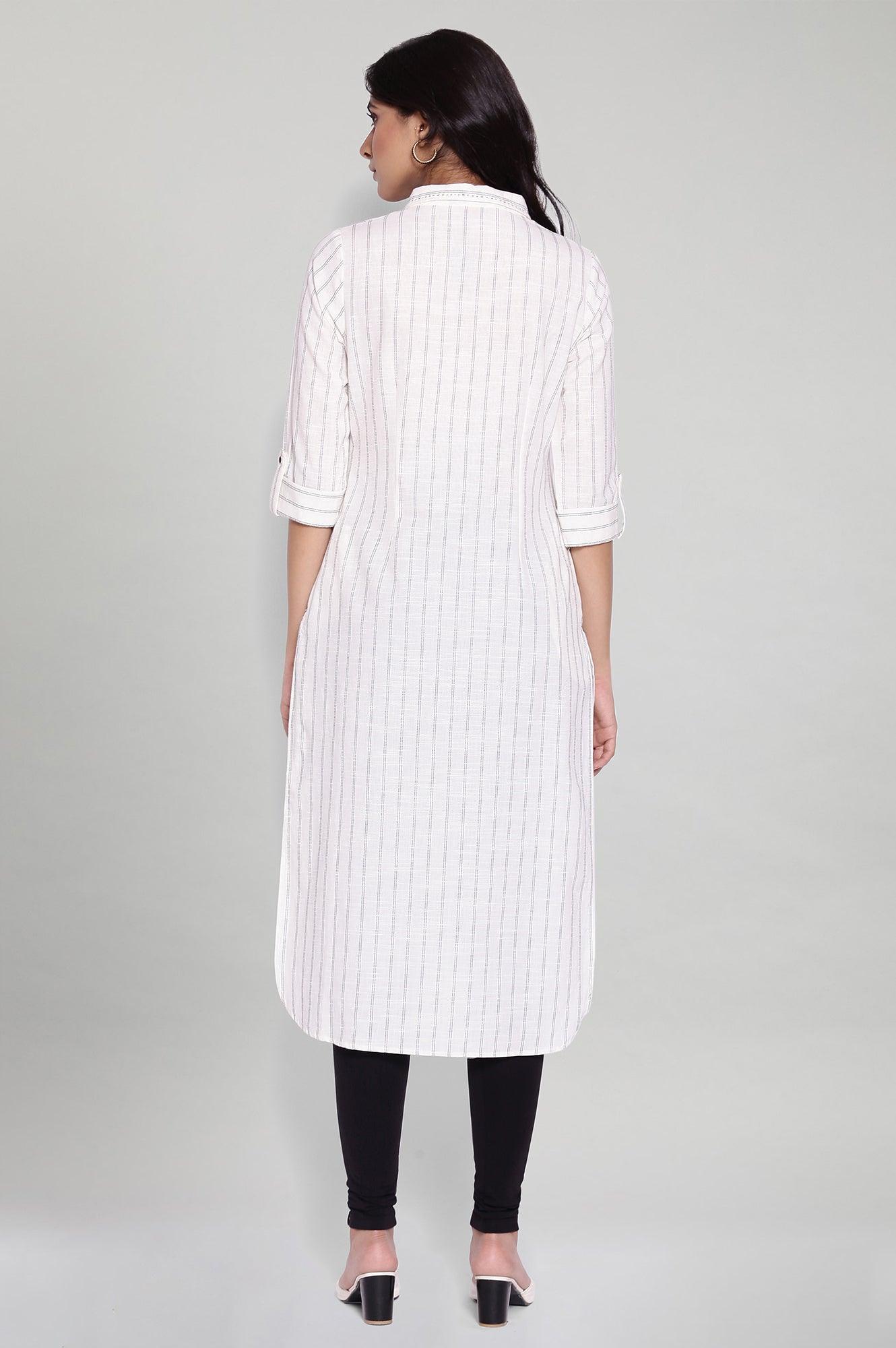 Ecru Striped Shirt Collar kurta - wforwoman