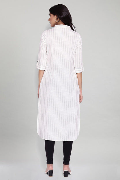 Ecru Striped Shirt Collar kurta - wforwoman