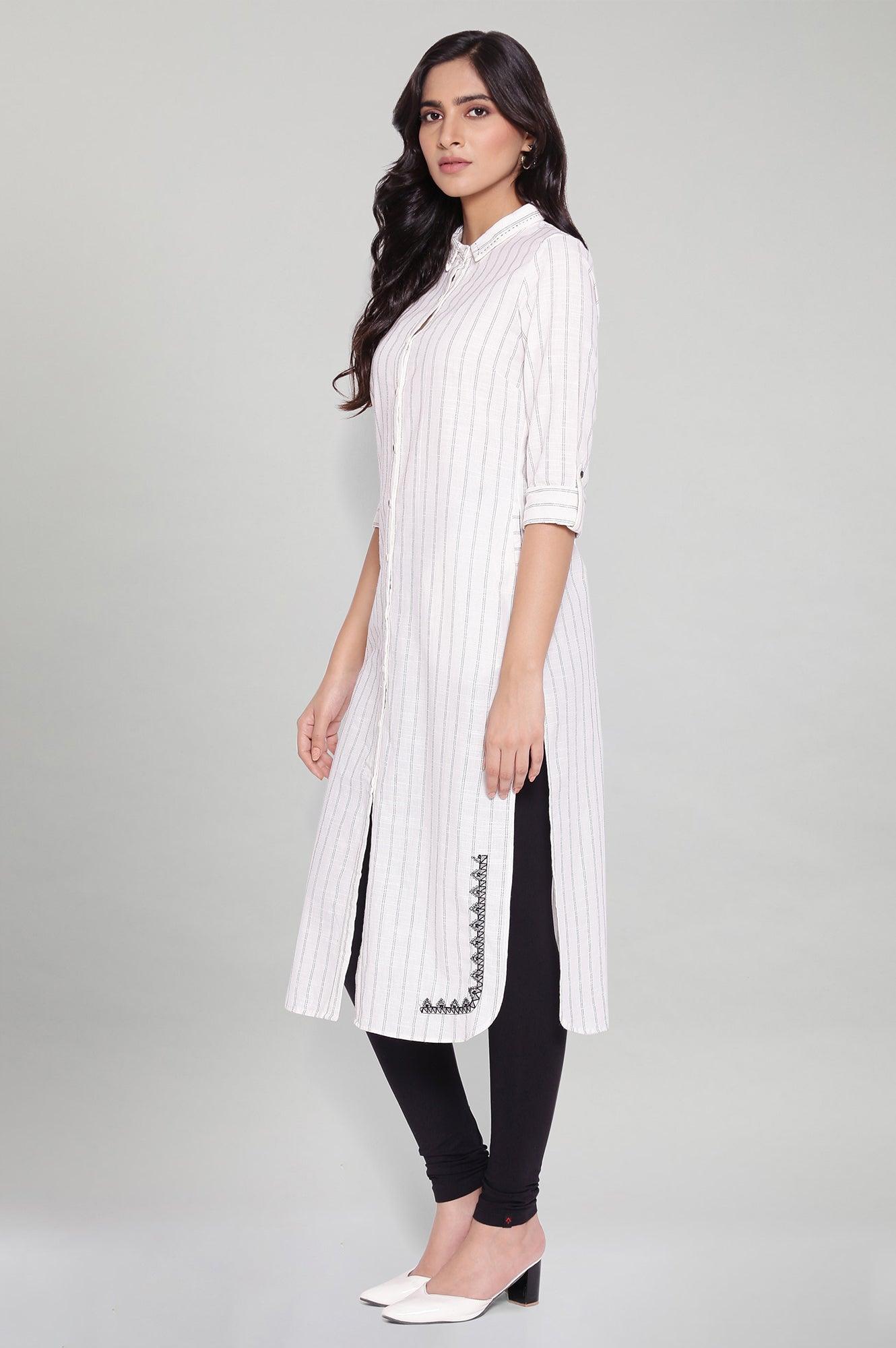Ecru Striped Shirt Collar kurta - wforwoman