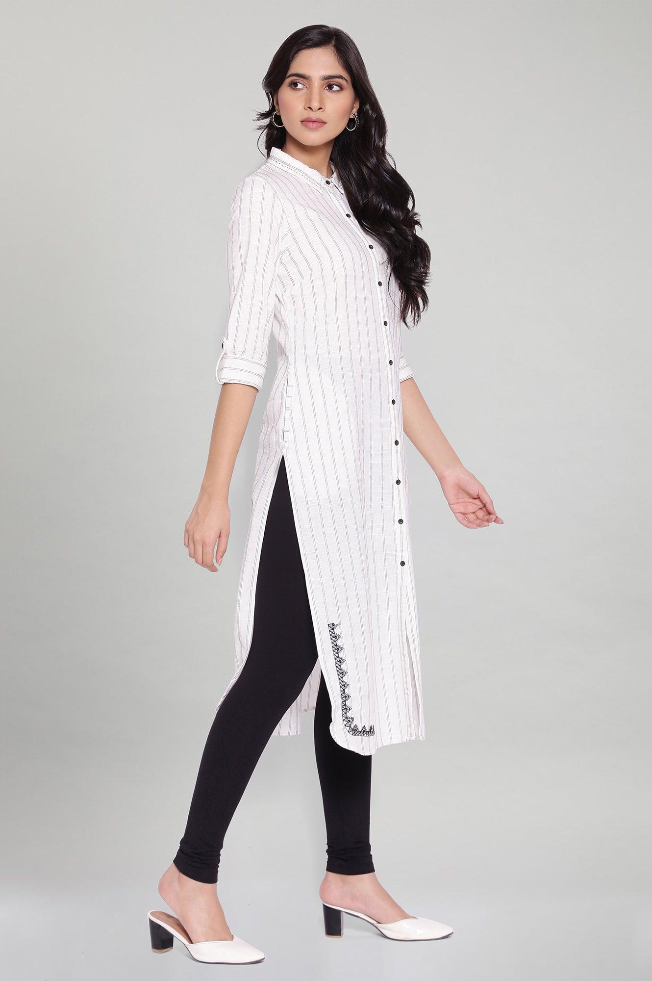Ecru Striped Shirt Collar kurta - wforwoman