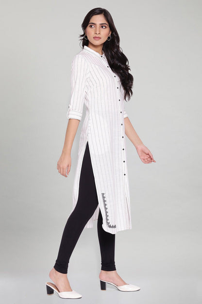 Ecru Striped Shirt Collar kurta - wforwoman