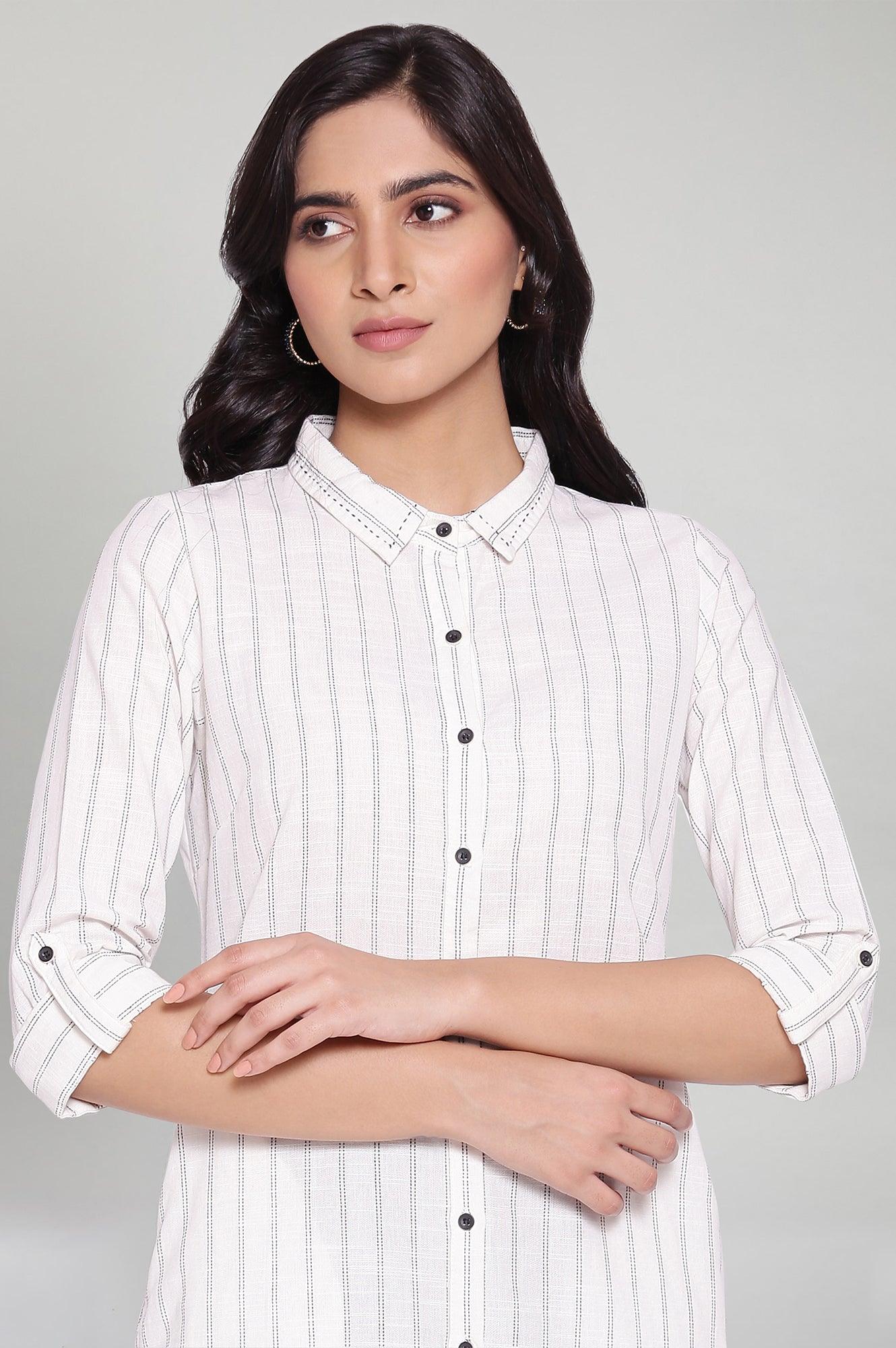 Ecru Striped Shirt Collar kurta - wforwoman