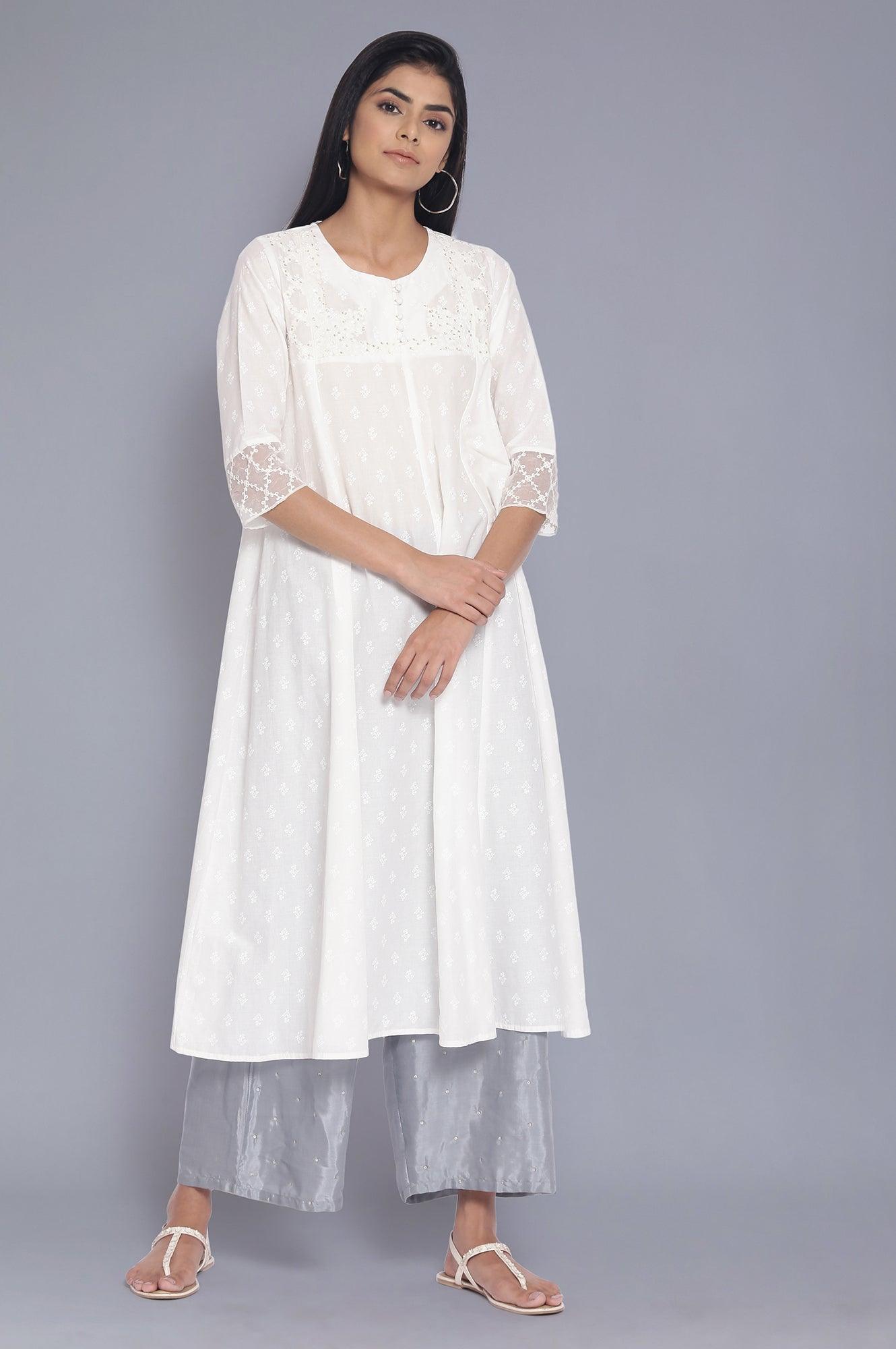 Ecru All-Over Print Panelled Flared kurta - wforwoman