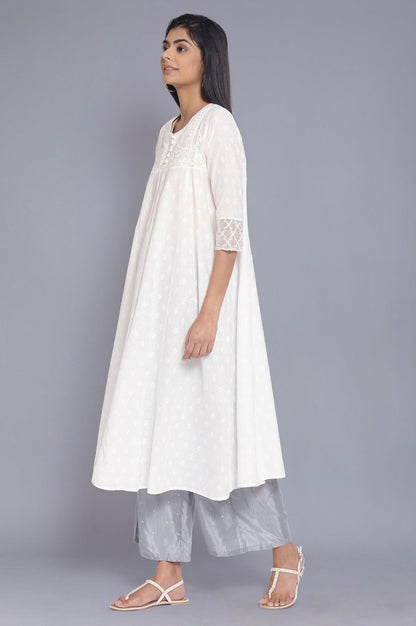 Ecru All-Over Print Panelled Flared kurta - wforwoman