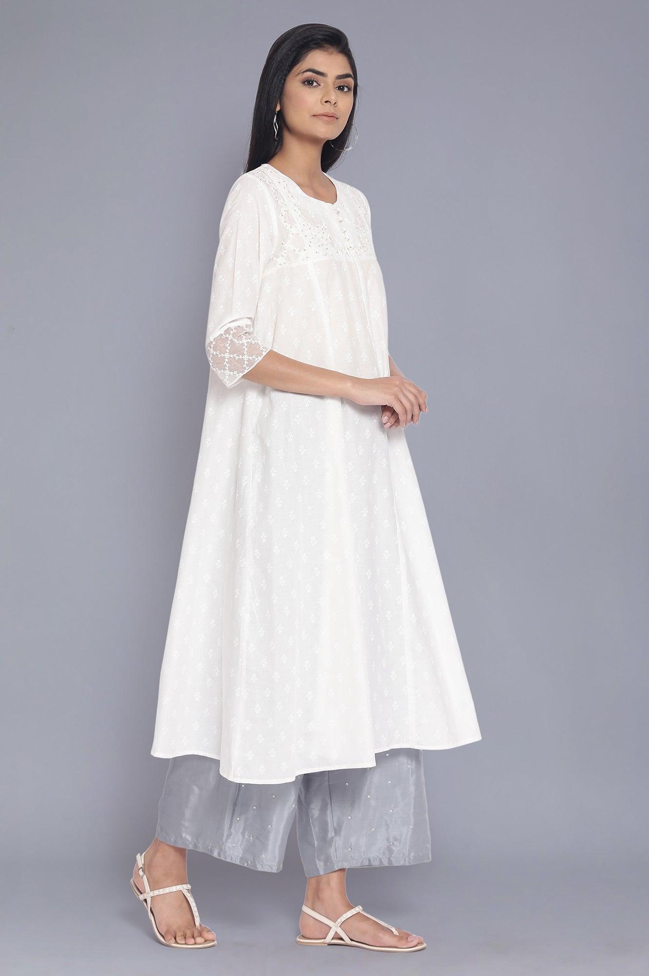 Ecru All-Over Print Panelled Flared kurta - wforwoman