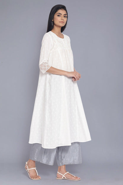 Ecru All-Over Print Panelled Flared kurta - wforwoman