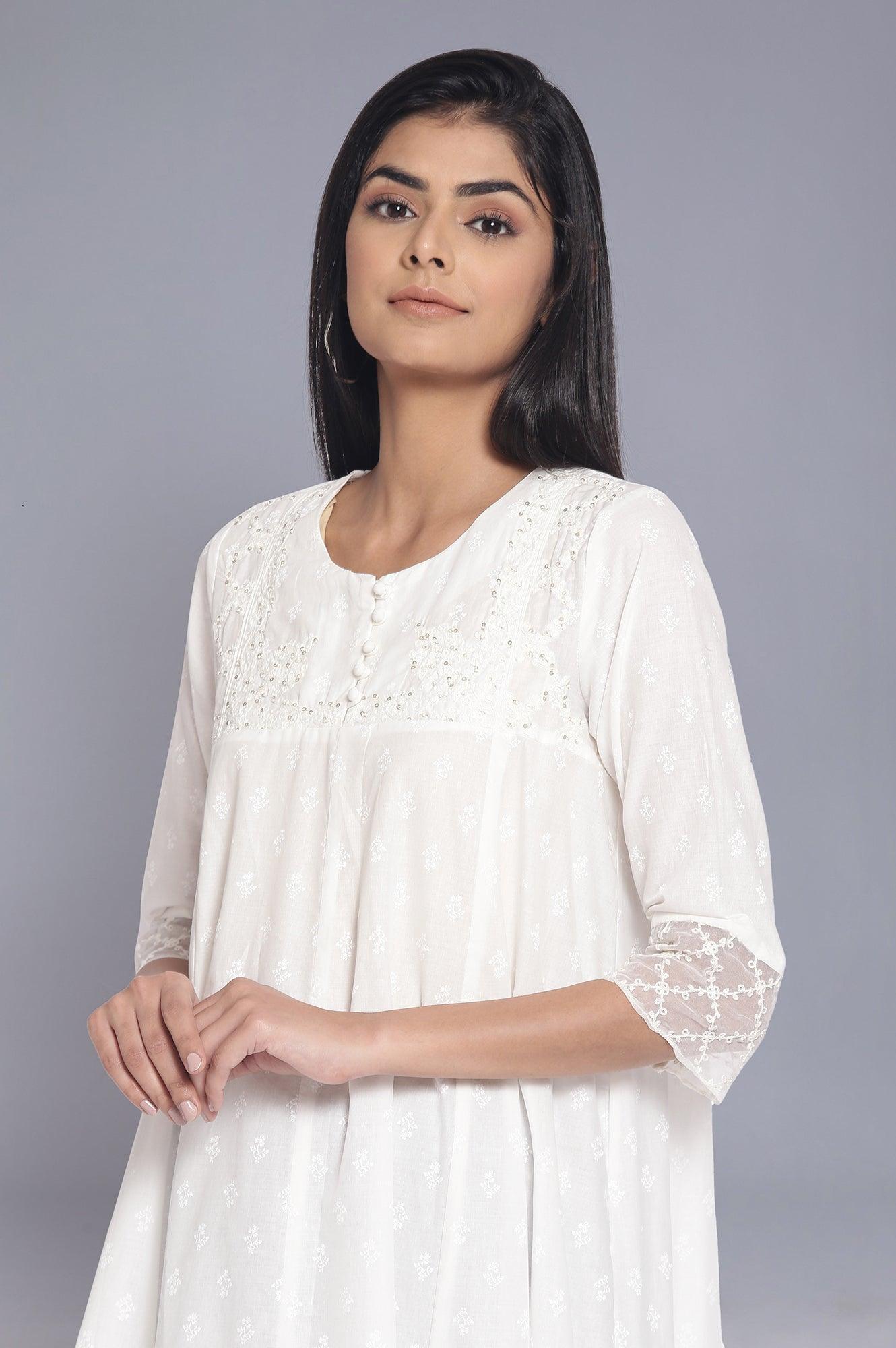 Ecru All-Over Print Panelled Flared kurta - wforwoman